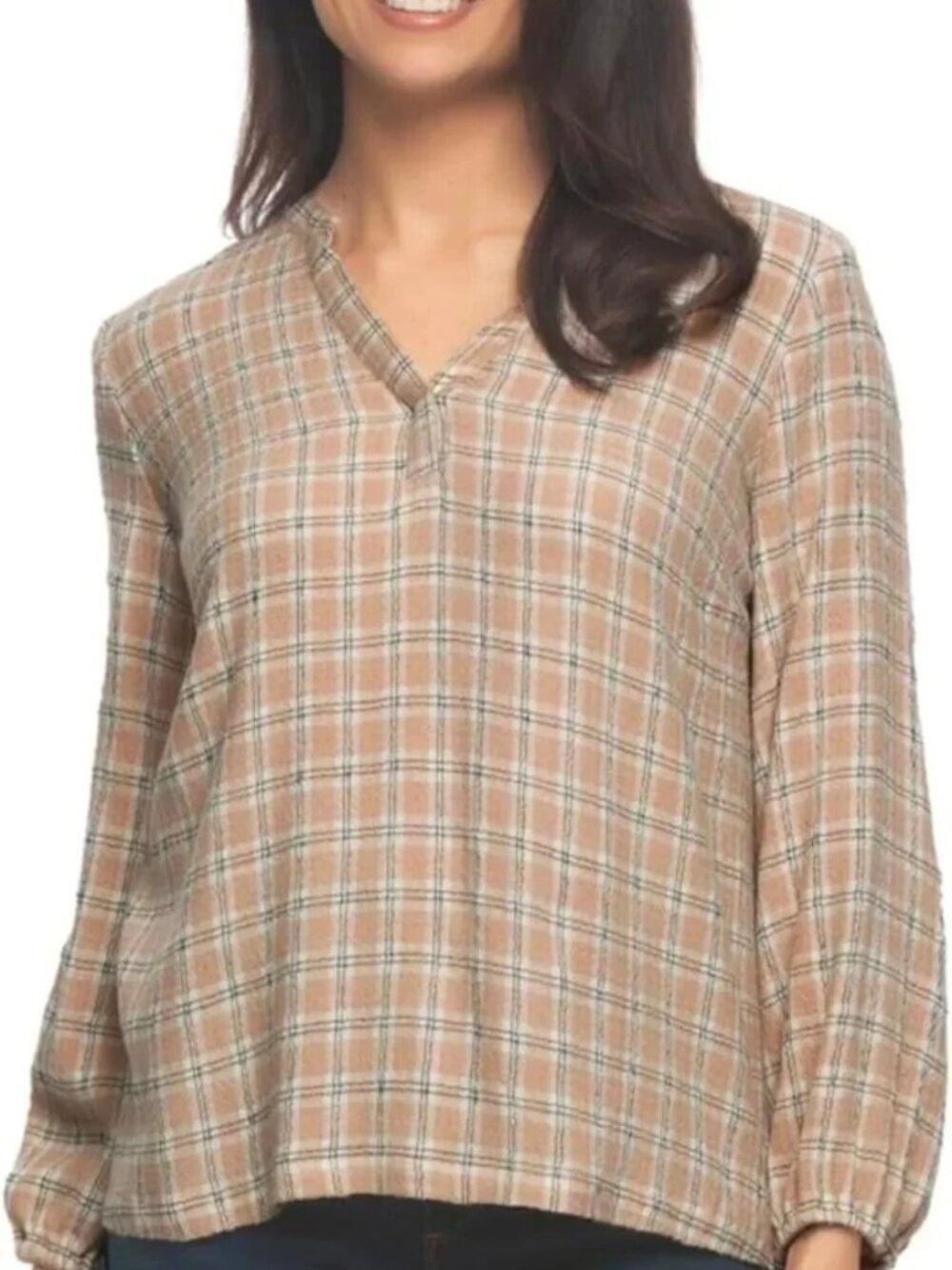 Felina Women's V-Neck Long Sleeve Lurex Plaid Top, Cream Plaid, Size Small